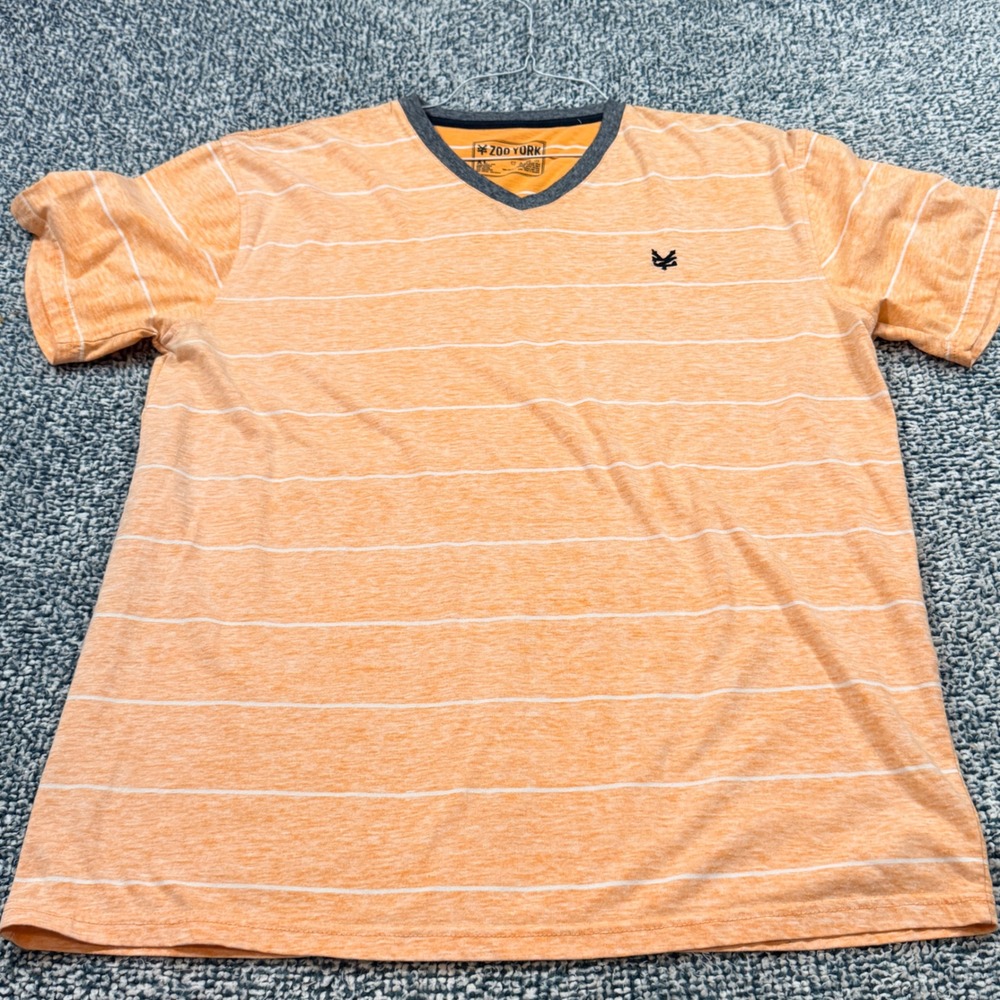 Zoo York Mens XL V-Neck T-Shirt Orange Heather White Striped Short Sleeve Logo